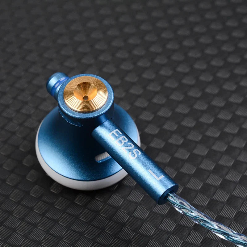 Blue metallic NICEHCK eb2s pro dynamic microphone earphone with gold driver and braided cable for meeting game IEM use