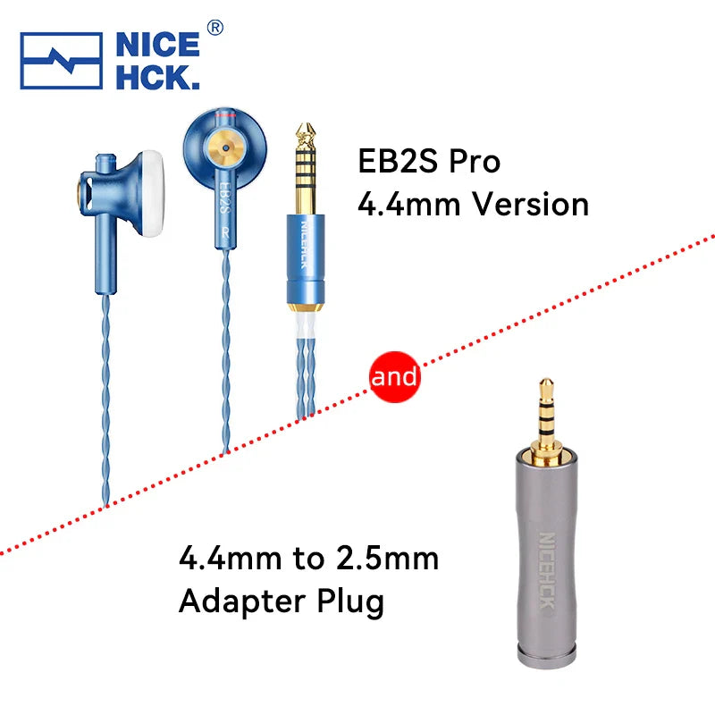 Blue nicehck eb2s pro iem with twisted cable gold-plated 4.4mm jack and silver adapter features 4mm lcp diaphragm dynamic music vocal design
