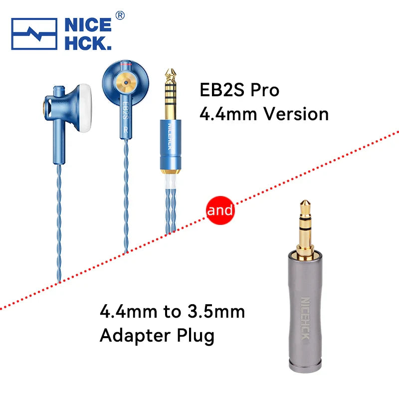 Blue nicehck eb2s pro in-ear headphones with twisted cable gold-plated 4.4mm connector and 3.5mm adapter plug