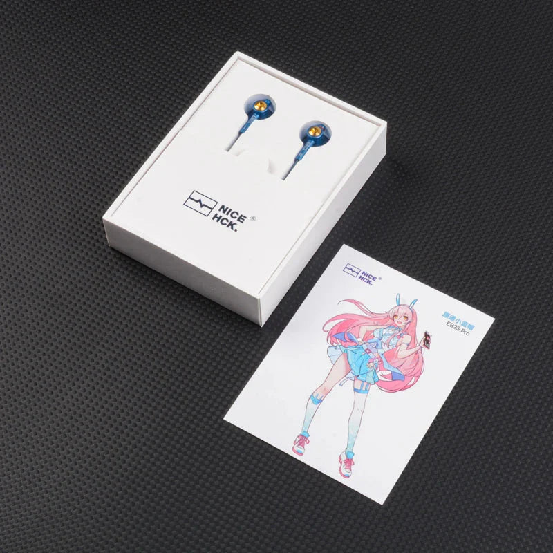 Blue eb2s pro iem in-ear headphones with 4mm lcp diaphragm and dynamic music vocal design in white box with anime card