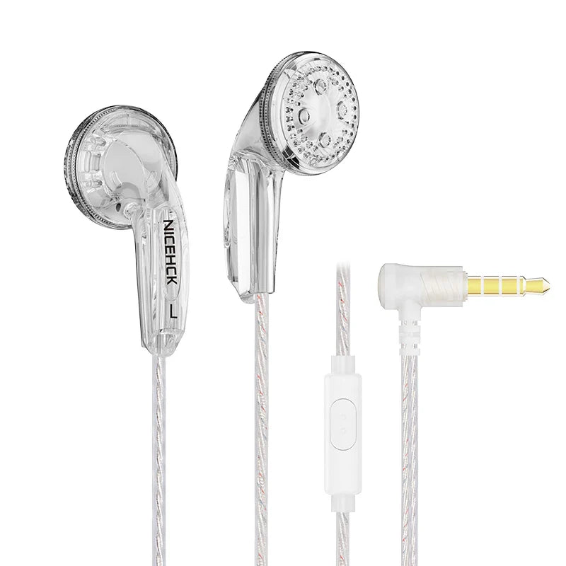 Clear plastic in-ear NiceHCK YD30 headphones with dynamic HD microphone and white braided cable for gaming meeting vido