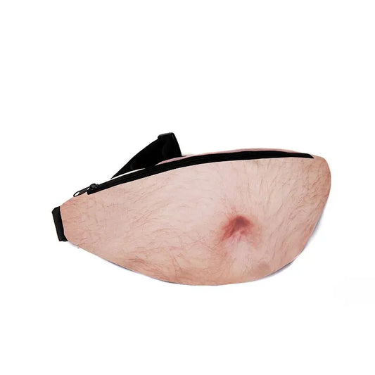 A pinkish-brown unisex fanny pack with a realistic niche belly pattern and black zipper trim for funny belly waist use