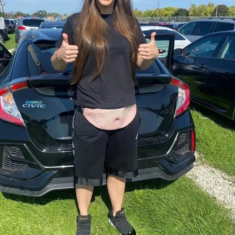 Black and pink niche belly pattern waist pack unisex fanny pack featuring a funny belly waist design worn around the waist