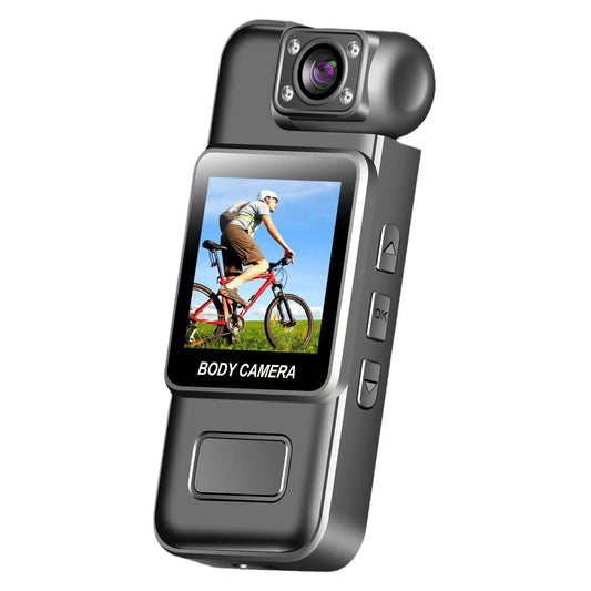 Black compact body camera with night vision rotatable wifi single machine wireless recording device displaying cyclist