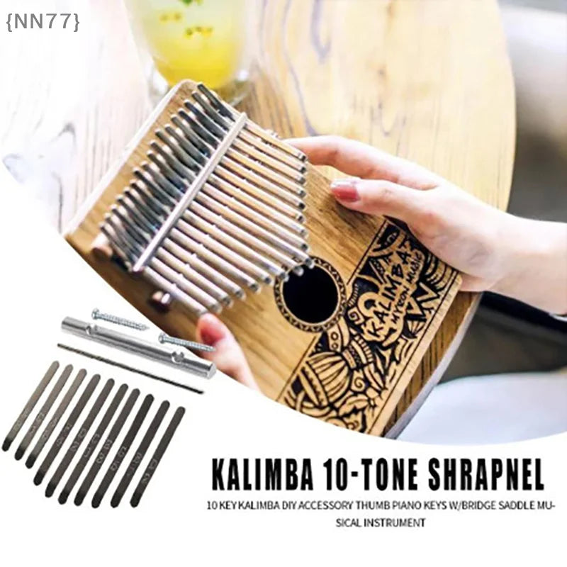 A wooden 10 keys replacement kalimba thumb piano bridge set with silver metal keys and carved design for repair