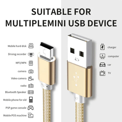 Gold-colored nnbili mini usb cable with braided fabric exterior and metallic connectors for player car dvr gps devices