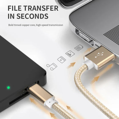 Gold-colored nnbili mini usb cable with braided exterior and white caps for fast data charging player car dvr gps devices