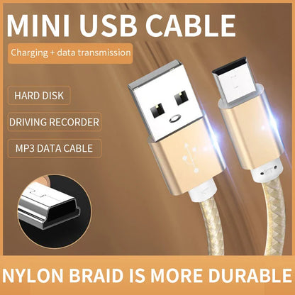 Nnbili mini usb cable gold color with nylon braid for durability fast data charging for player car dvr and car dvr gps devices
