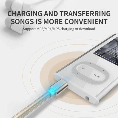 White mp3 player with silver accents and textured nnbili mini usb cable for player car dvr and car dvr gps devices