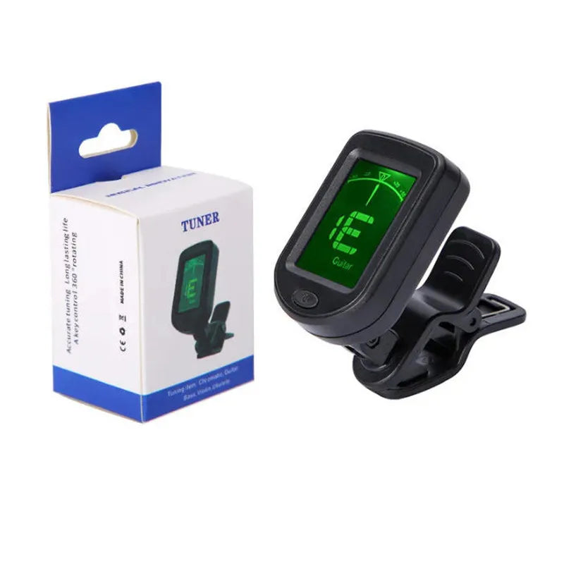 Black clip-on lcd digital guitar tuner with green lcd digital display showing note e for bass ukulele violin mandolin banjo