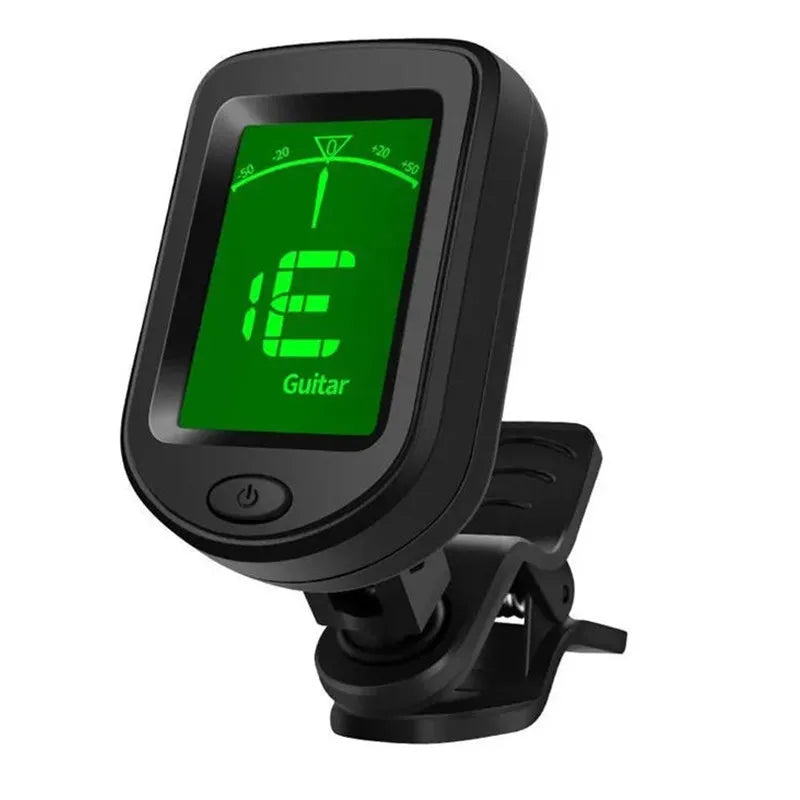 Black clip-on lcd digital guitar tuner with green lcd digital display showing letter e for all string instruments