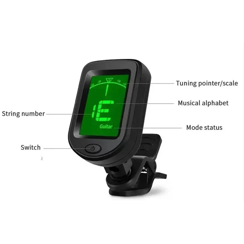 Black clip-on electronic guitar tuner with lcd digital display showing note e for bass ukulele violin mandolin banjo guitar