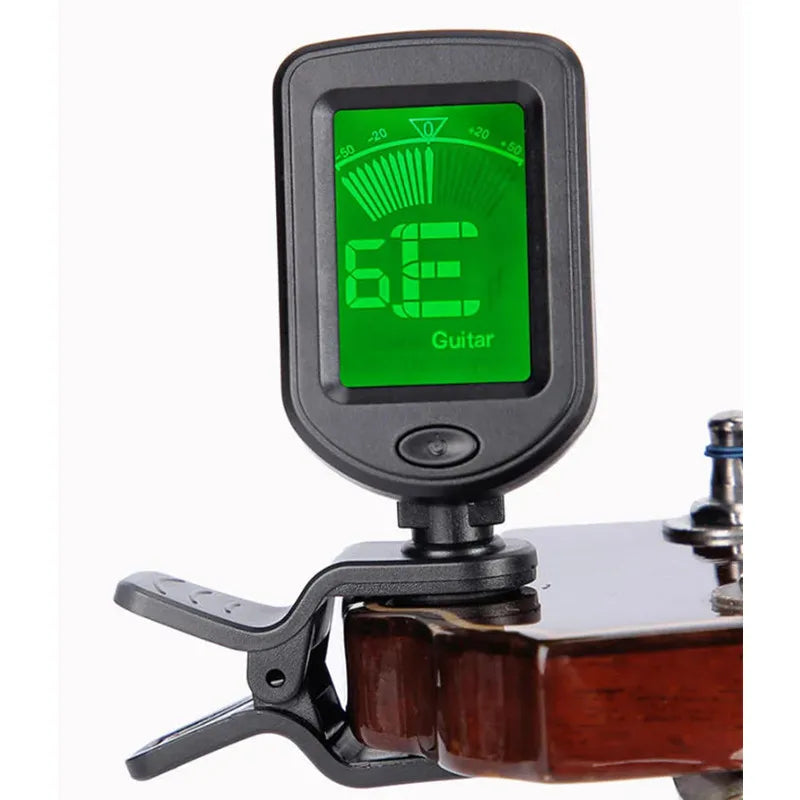 Black no battery bass ukulele violin mandolin banjo guitar tuner with lcd digital display and clip-on design showing 6e guitar