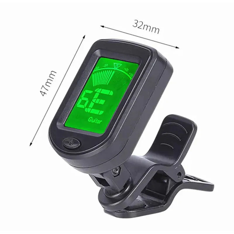Black digital guitar tuner with clip-on design and green lcd digital display showing note e for all instruments use