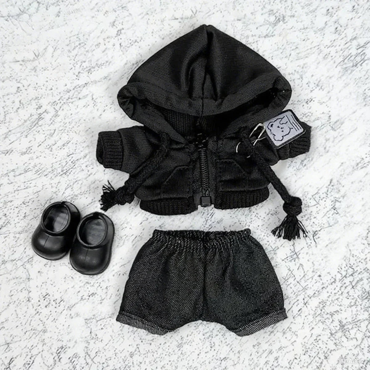 Black knit hooded jacket with zipper and tassel drawstrings featuring small embroidered patch for labubu clothes gifts