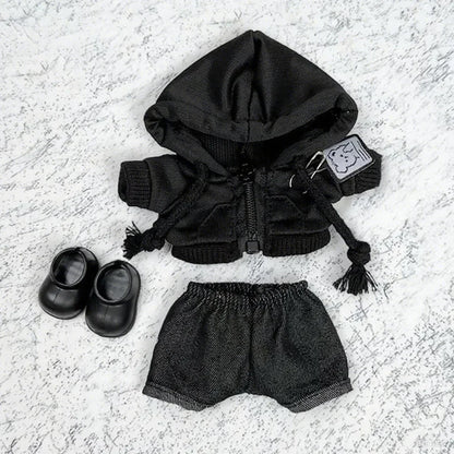 Black knit hooded jacket with zipper and tassel drawstrings featuring small embroidered patch for labubu clothes gifts