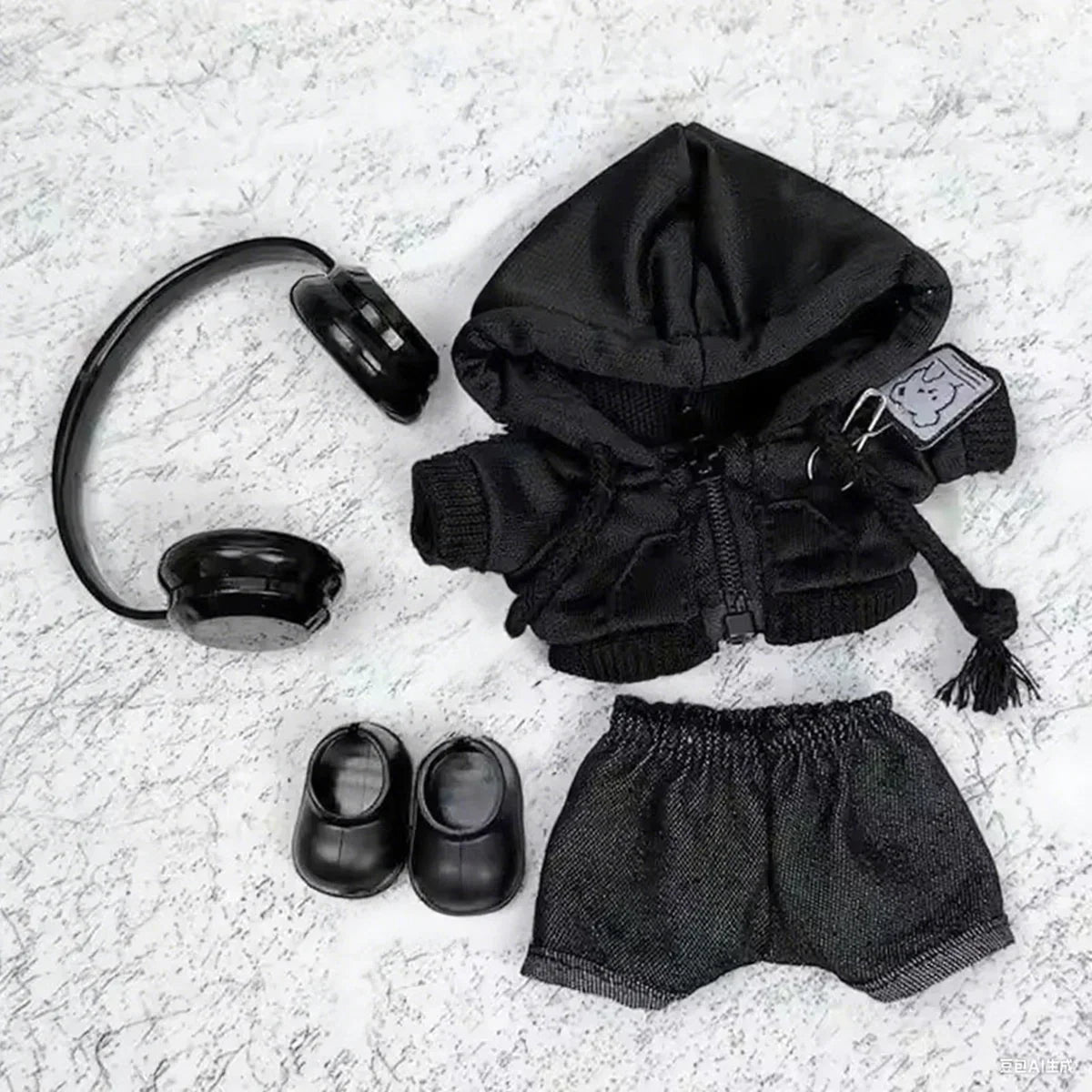 Black hooded jacket with zipper and bear patch on sleeve from no doll cute plush doll labubu clothes gifts collection