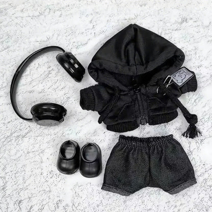 Black hooded jacket with zipper and bear patch on sleeve from no doll cute plush doll labubu clothes gifts collection