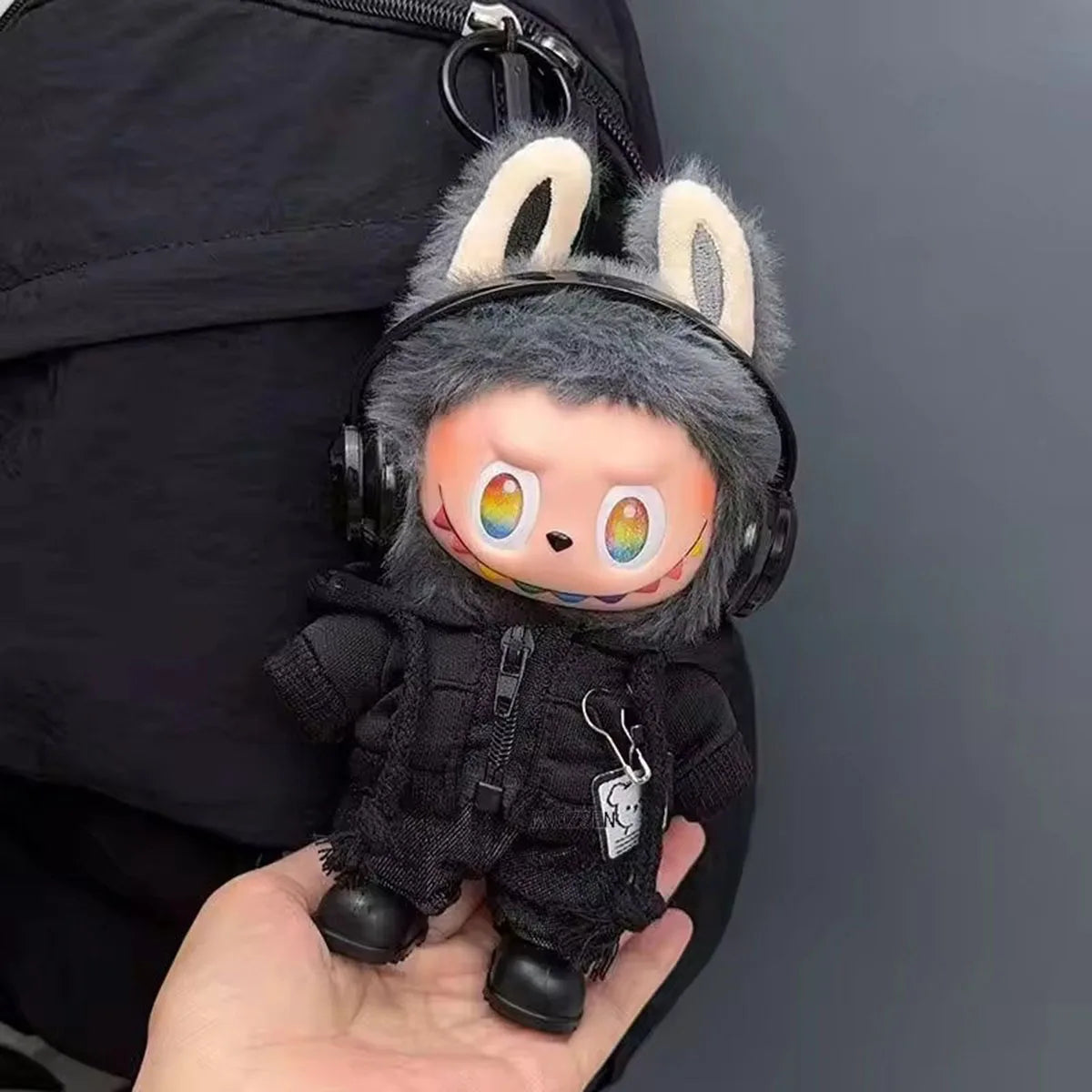 Black plush cute plush doll with rainbow eyes headset and black suit fashion tactical vest for labubu clothes gifts