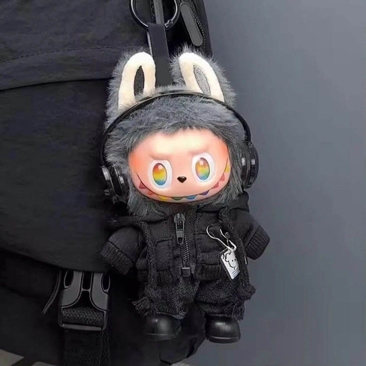Black fuzzy rabbit-themed cute plush doll keychain with rainbow eyes and headphones complements labubu clothes gifts