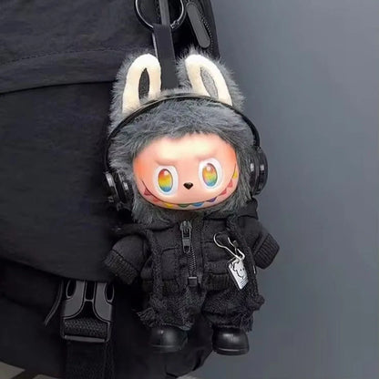 Black fuzzy rabbit-themed cute plush doll keychain with rainbow eyes and headphones complements labubu clothes gifts