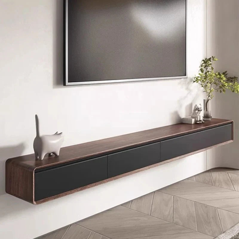 Modern floating glamour tv stand with dark wood top and sleek black drawers storage meuble in minimalist design