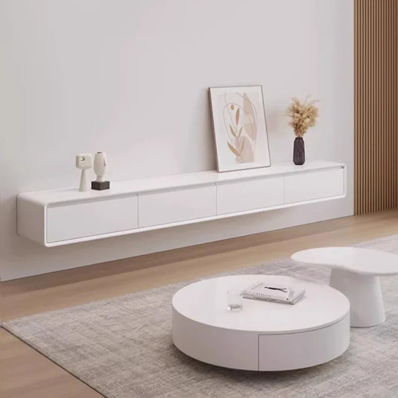 White floating modern tv stand with sleek minimalist glamour design and drawers storage meuble for home furniture