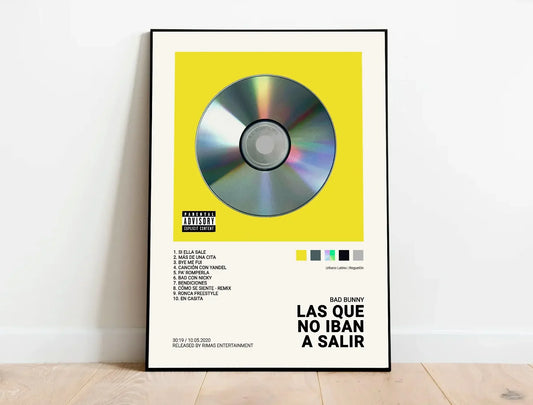 A framed nordic pop rapper quevedo poster featuring bad bunny silver cd and tracklist on a vibrant yellow background