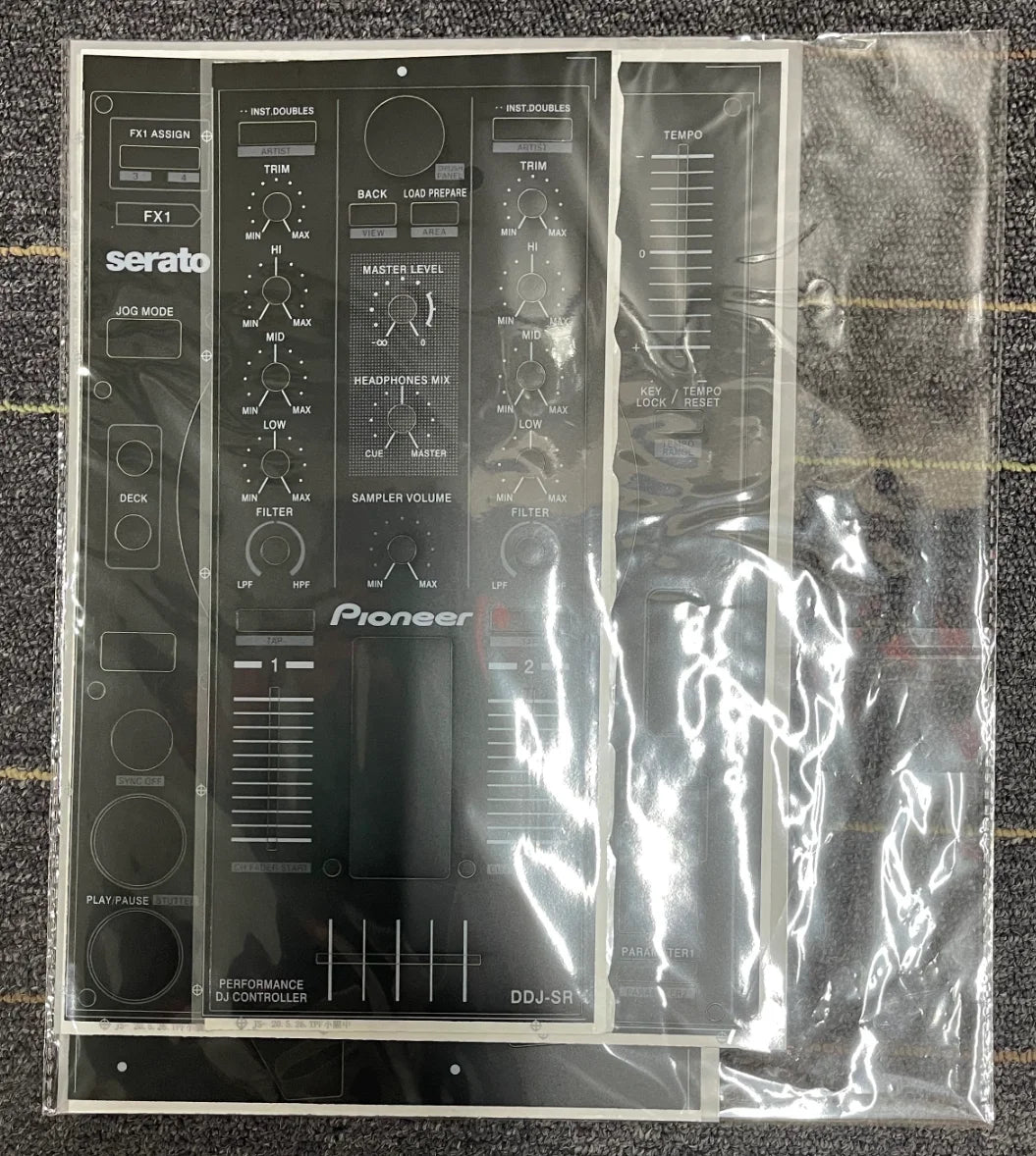 Black pioneer ddj-sr dj controller faceplate protector with clear labels fully surrounded by protective stickers from beat music store