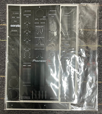 Black pioneer ddj-sr dj controller faceplate protector with clear labels fully surrounded by protective stickers from beat music store