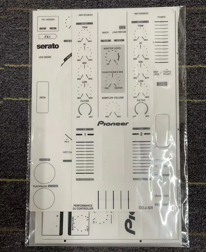 White pioneer ddj-sr dj controller overlay sheet fully surrounded by protective stickers featuring serato branding at beat music store