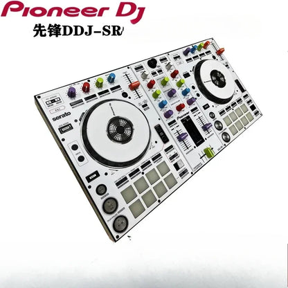 White pioneer ddj-sr dj controller fully surrounded by protective stickers with colorful knobs from beat music store