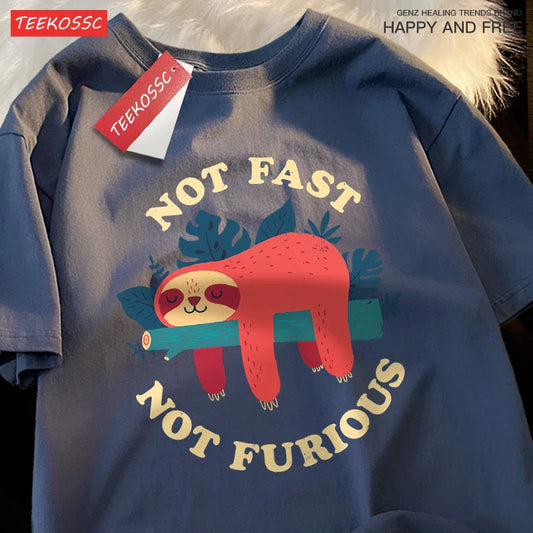 Blue cotton t-shirt with a red furious cute sloth and cream lettering perfect for shirts hip hop summer cotton tops