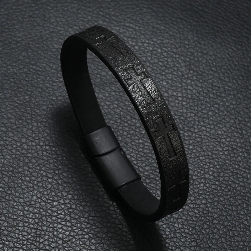 Black rock leather bracelet for men with embossed cross designs and magnet buckle casual accessories punk style