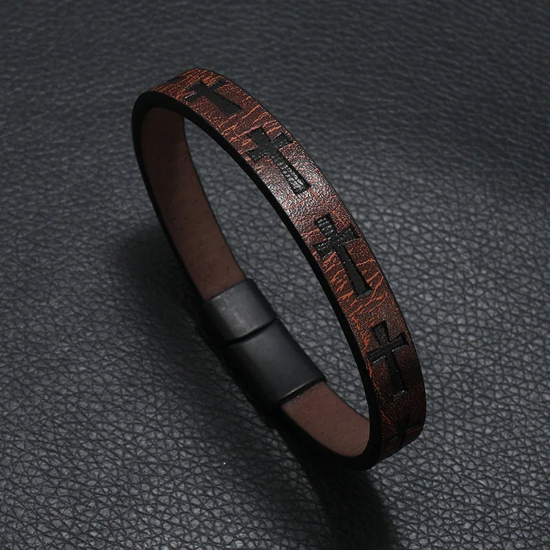 Brown rock leather bracelet for men with black cross embossing and magnet buckle casual accessories punk style
