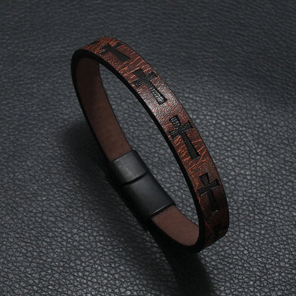 Brown rock leather bracelet for men with black cross embossing and magnet buckle casual accessories punk style