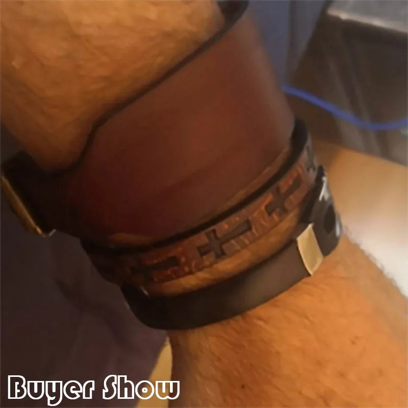 Brown rock leather bracelet for men with embossed cross patterns and a metal magnet buckle casual accessories punk