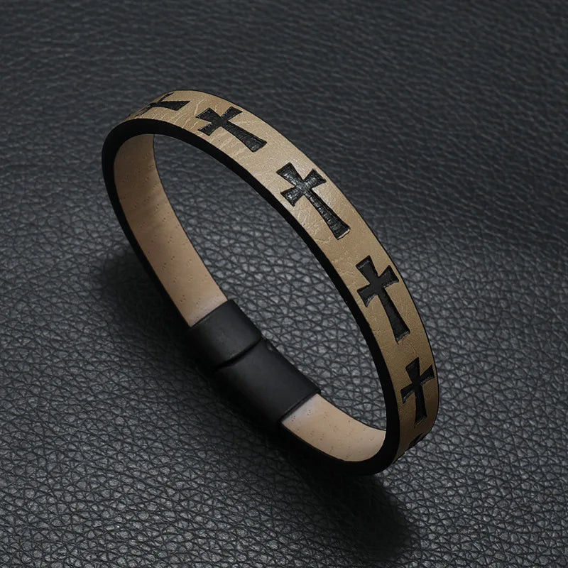 Tan rock leather bracelet for men featuring black cross designs and a men magnet buckle for casual accessories punk style