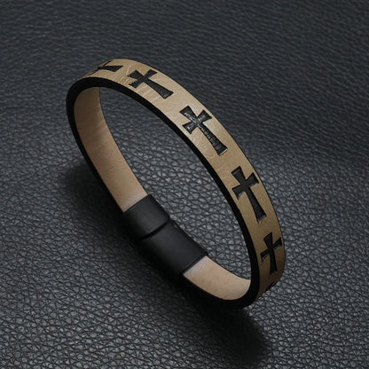 Tan rock leather bracelet for men featuring black cross designs and a men magnet buckle for casual accessories punk style