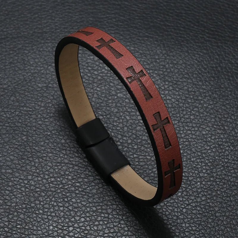 Red leather rock leather bracelet for men with black cross designs and a men magnet buckle casual accessories punk style