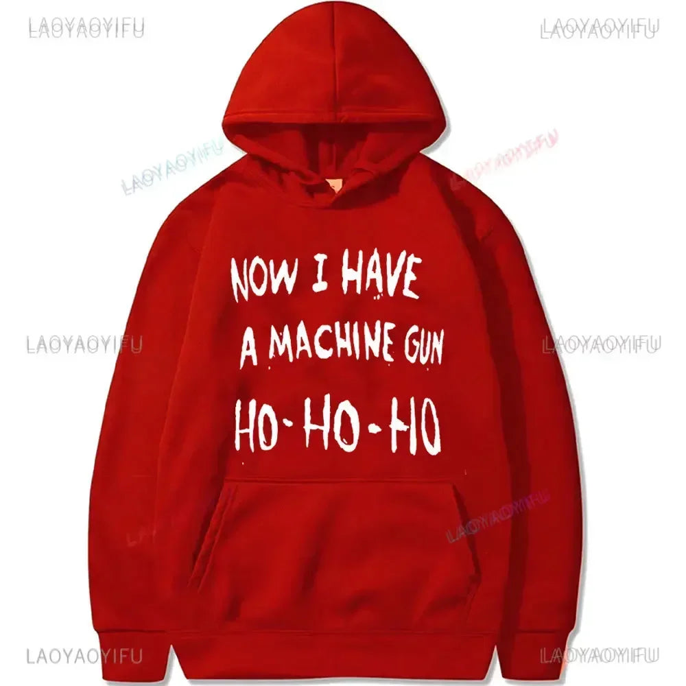 A vibrant red hooded sweatshirt featuring bold white text referencing die hard mclane naktomi plaza pullover