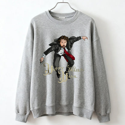 Gray unisex sweatshirt with cartoon die hard mclane illustration and happy trails hans text for casual wear