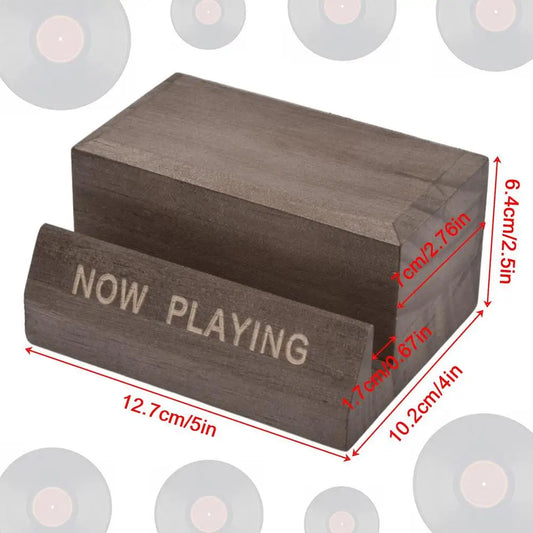 Dark wood playing display stand with now playing engraving, vinylrecord wooden storage accessory minimalist design