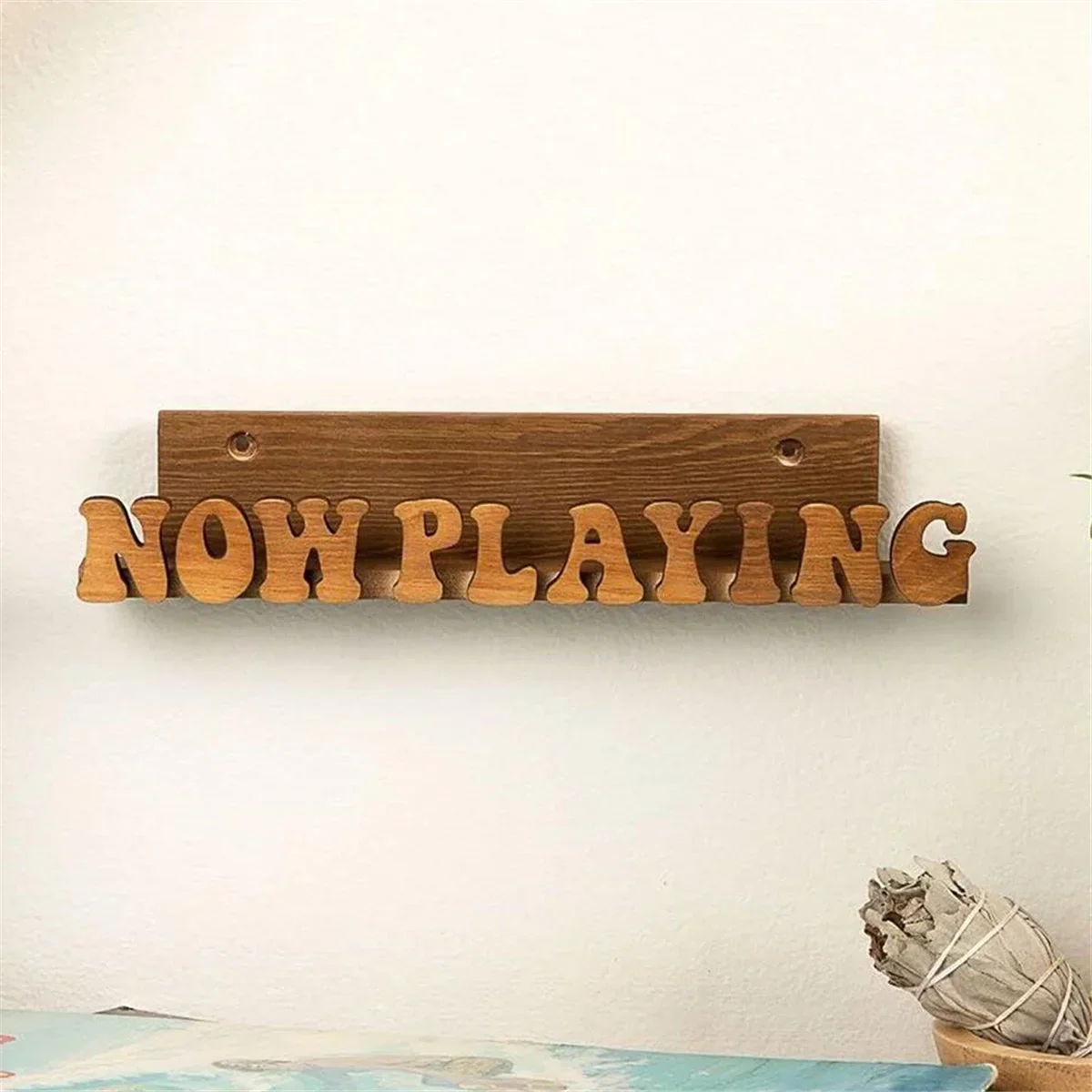 Rustic solid wood album shelf with carved now playing letters for record stand display and playing vinyl record storage