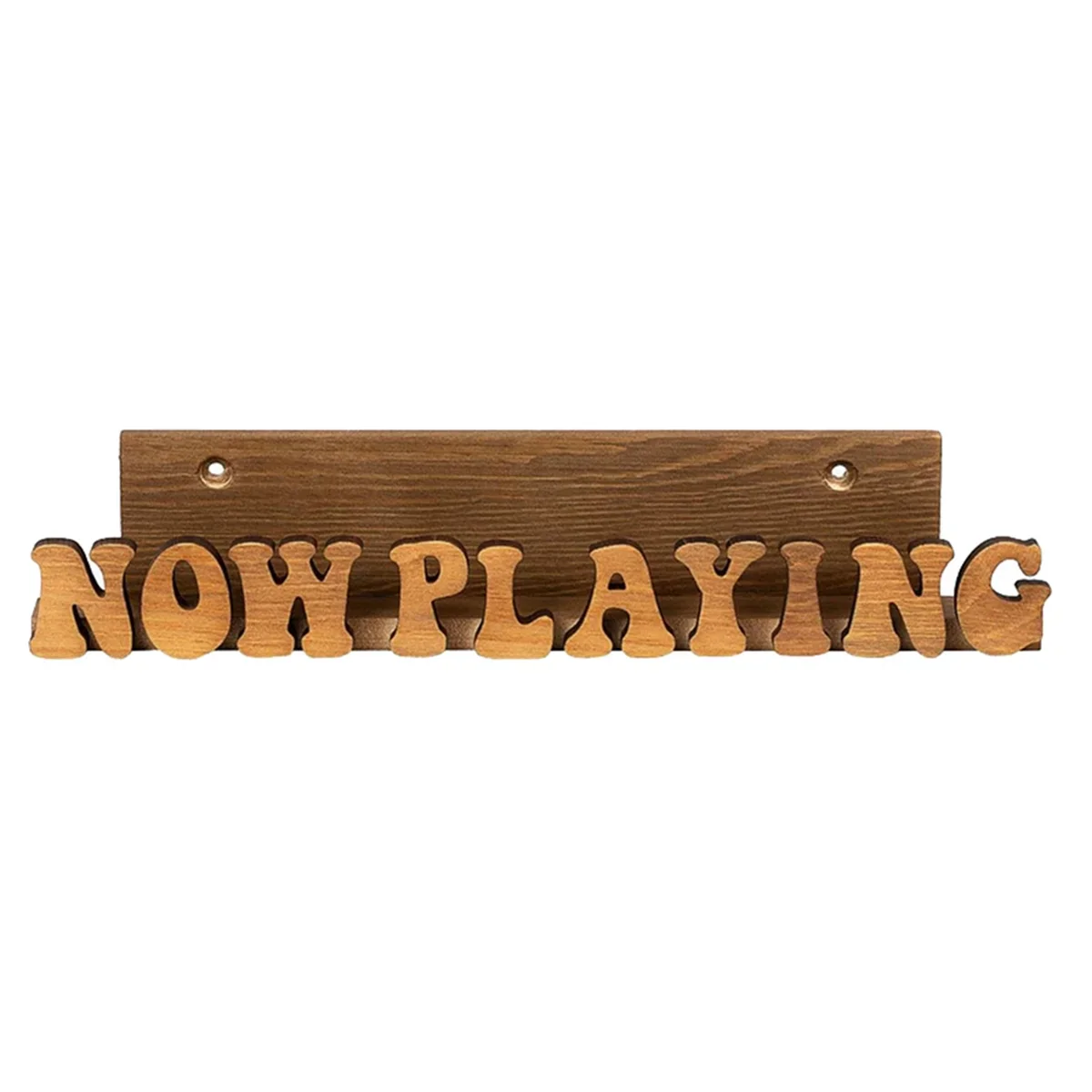 Wooden now playing record stand display with natural finish and cut-out lettering for solid wood album storage