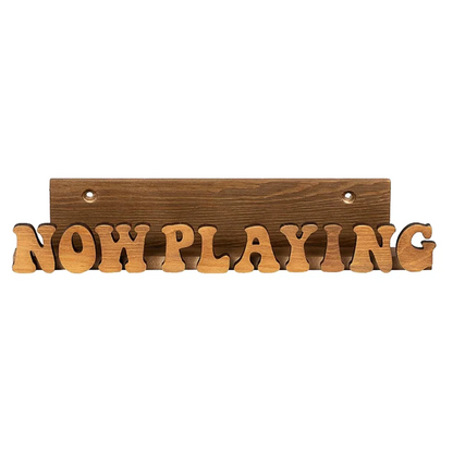 Wooden now playing solid wood album stand with natural finish and cut-out lettering for playing vinyl record display