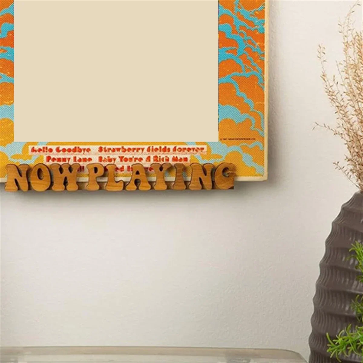 Wooden now playing record stand display with warm natural finish and carved lettering solid wood album shelf bracket
