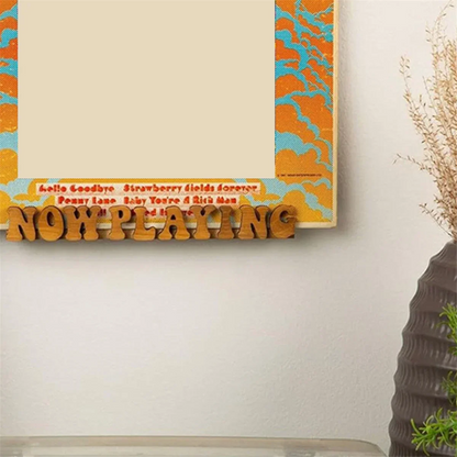 Wooden now playing record stand display with warm natural finish and carved lettering solid wood album shelf bracket
