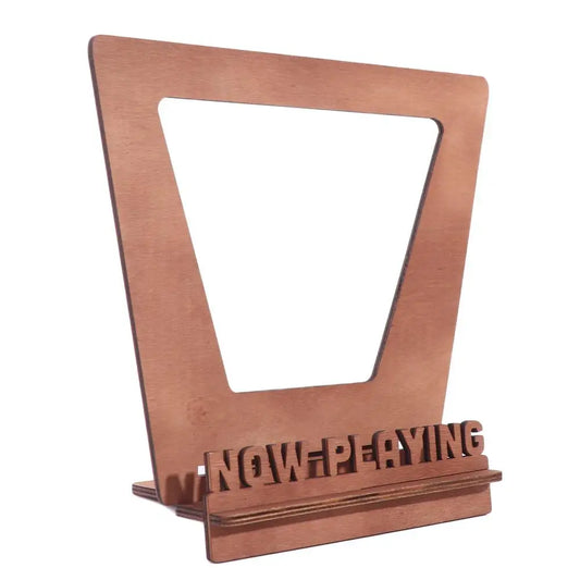 Copper-colored wooden vinyl record stand with triangular cutout and layered base for retro vinyl display and storage