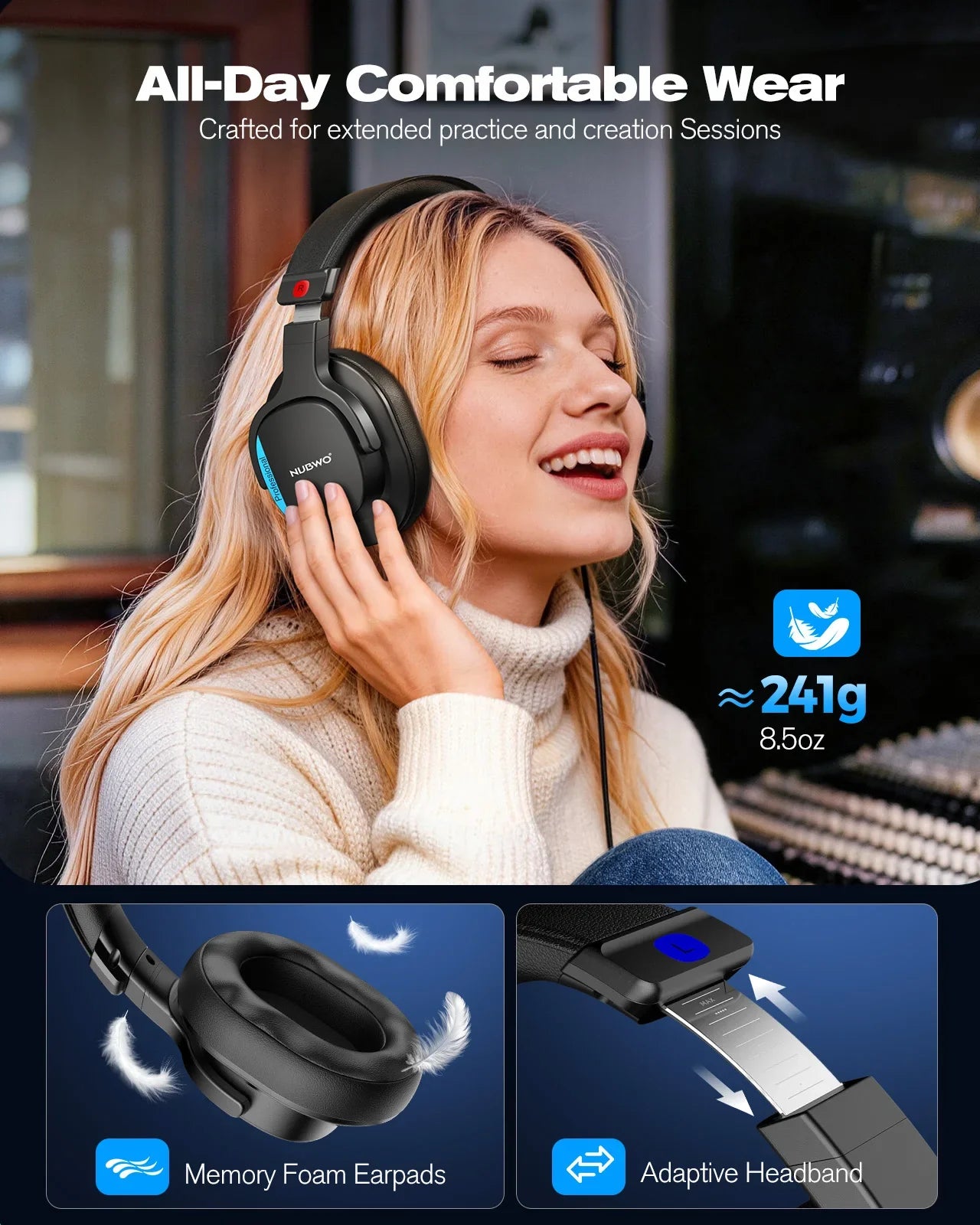 Black nubwo hd01 professional studio monitor headphones with memory foam earpads for audio mixing recording